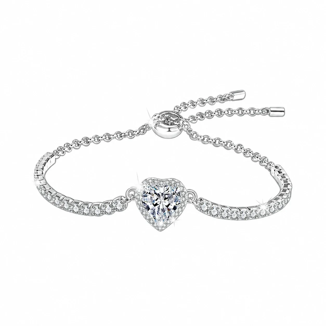 Pavé Heart Halo 925 Sterling Silver Tennis Bracelet
