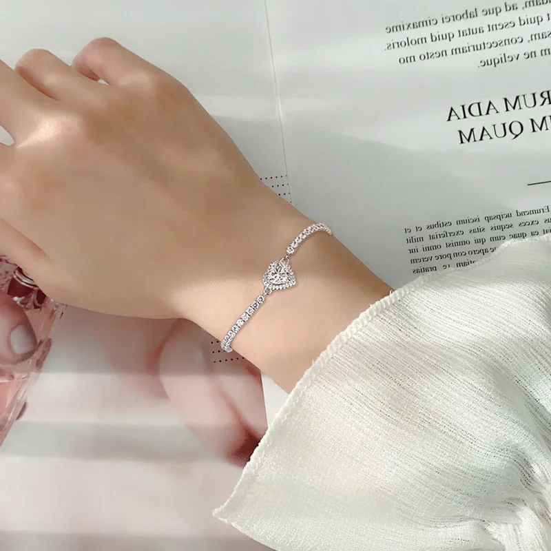 Pavé Heart Halo 925 Sterling Silver Tennis Bracelet
