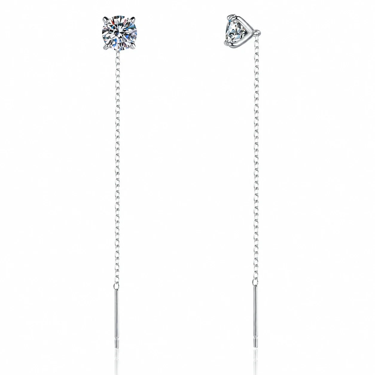Delicate Threader Chain Round Four-Prong 925 Sterling Silver Earrings