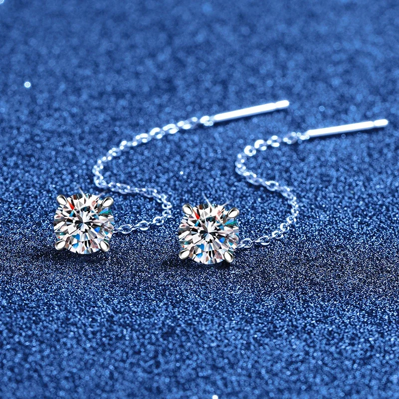 Delicate Threader Chain Round Four-Prong 925 Sterling Silver Earrings