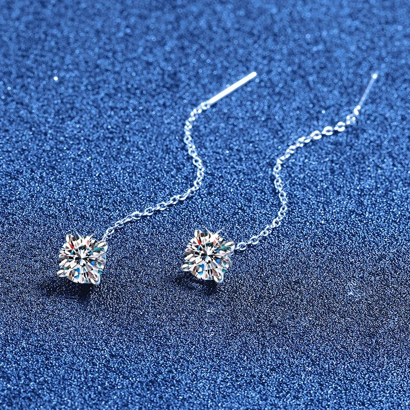 Delicate Threader Chain Round Four-Prong 925 Sterling Silver Earrings