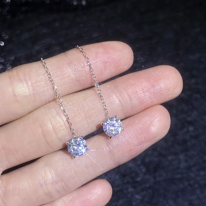 Delicate Threader Chain Round Four-Prong 925 Sterling Silver Earrings