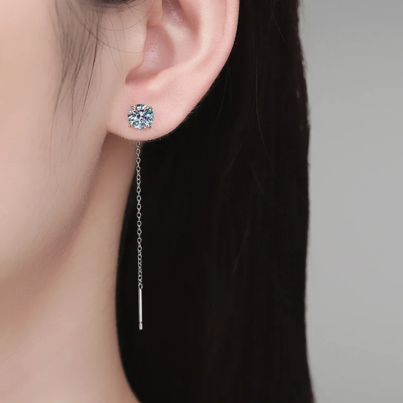 Delicate Threader Chain Round Four-Prong 925 Sterling Silver Earrings