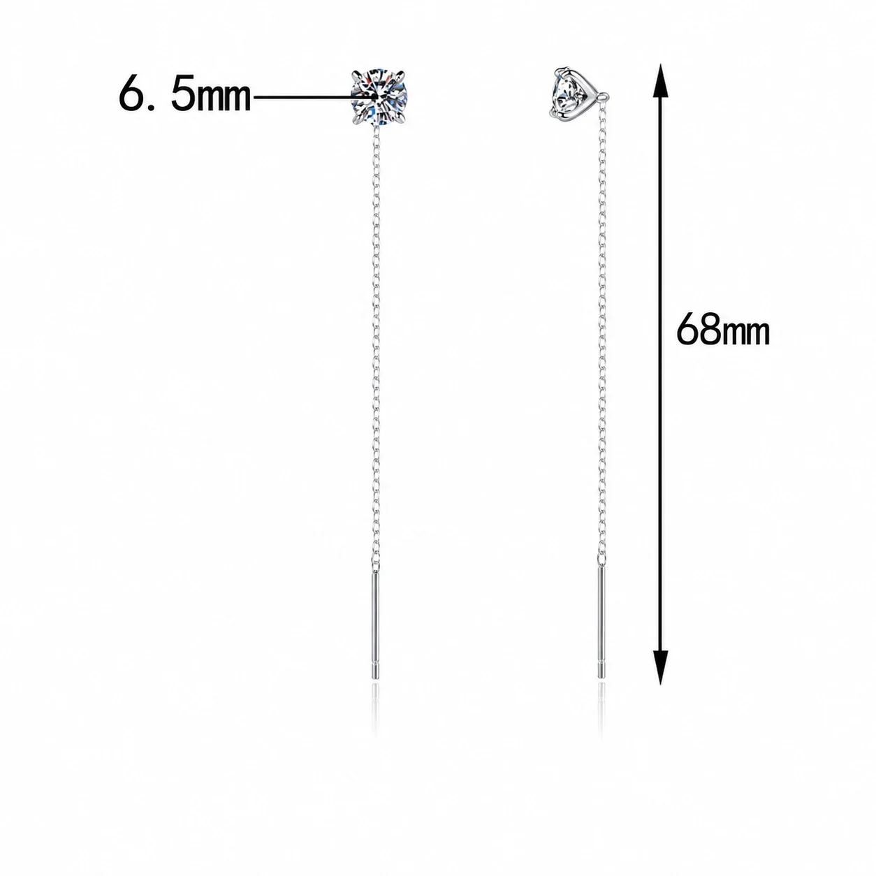 Delicate Threader Chain Round Four-Prong 925 Sterling Silver Earrings - ct Moissanite Pair