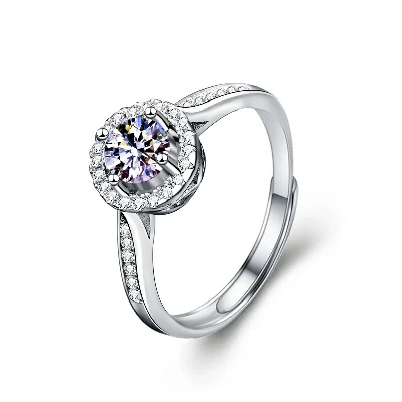 Halo Round Moissanite Pavé 925 Sterling Silver Ring - Silver