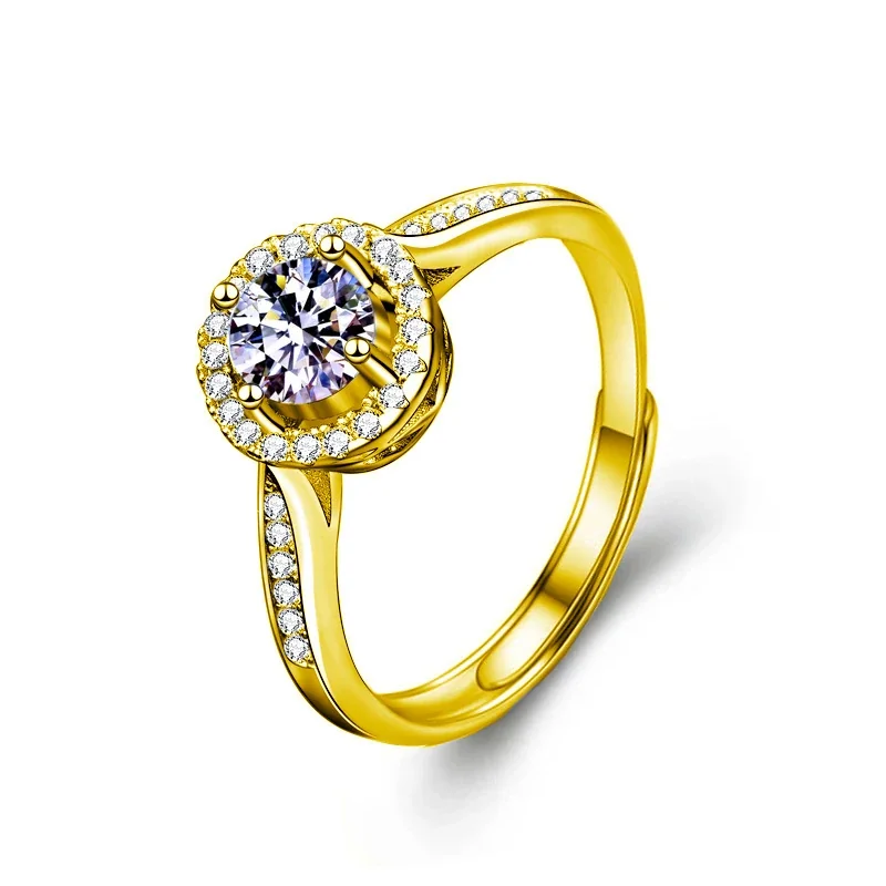 Halo Round Moissanite Pavé 925 Sterling Silver Ring - Gold