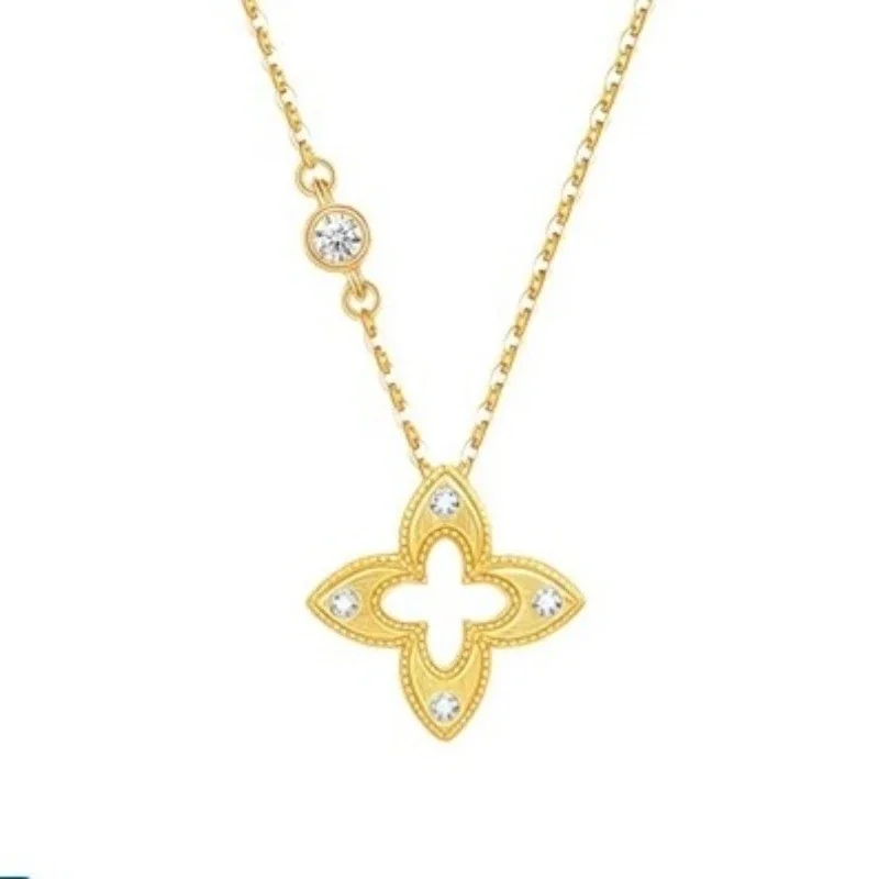 Ornate 925 Sterling Silver Open Clover Beaded Necklace - Gold