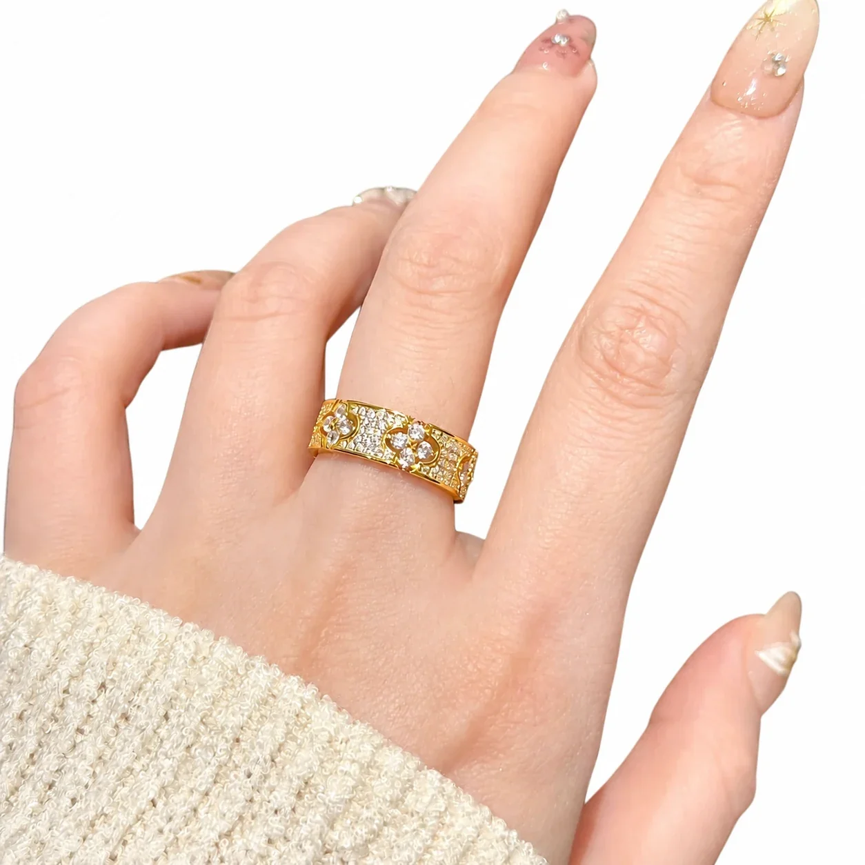 Lucky Copper Clover Pavé Crystal Wide-Band Ring