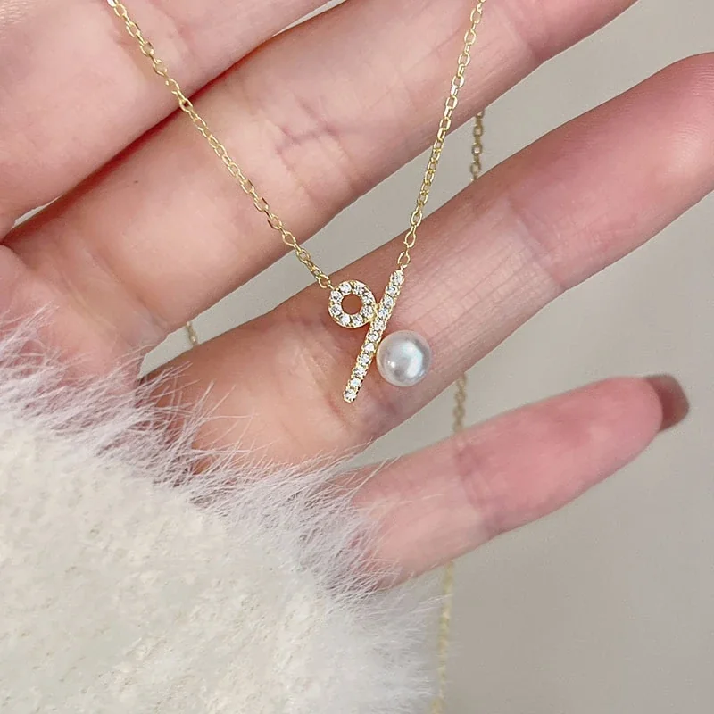 Polished 925 Sterling Silver Pearl Percent Sign Necklace
