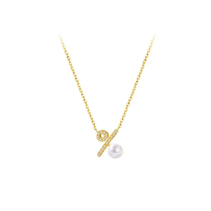 Polished 925 Sterling Silver Pearl Percent Sign Necklace - Gold