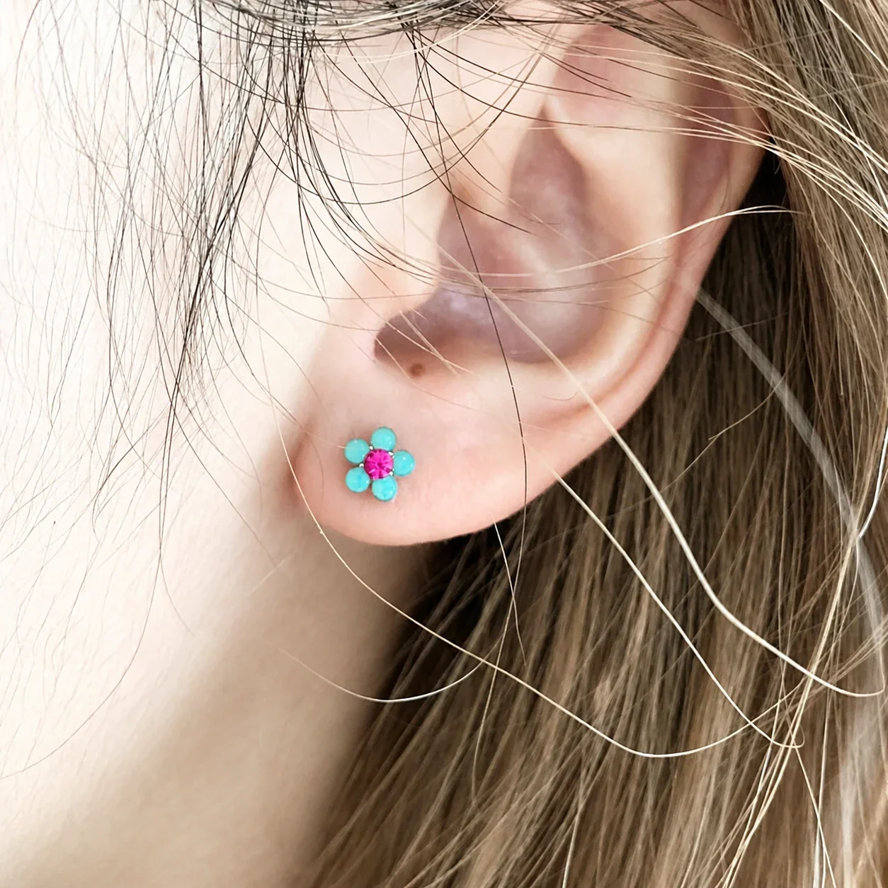 Petite Stone-Pink Flower Silver-Plated Copper Stud Earrings