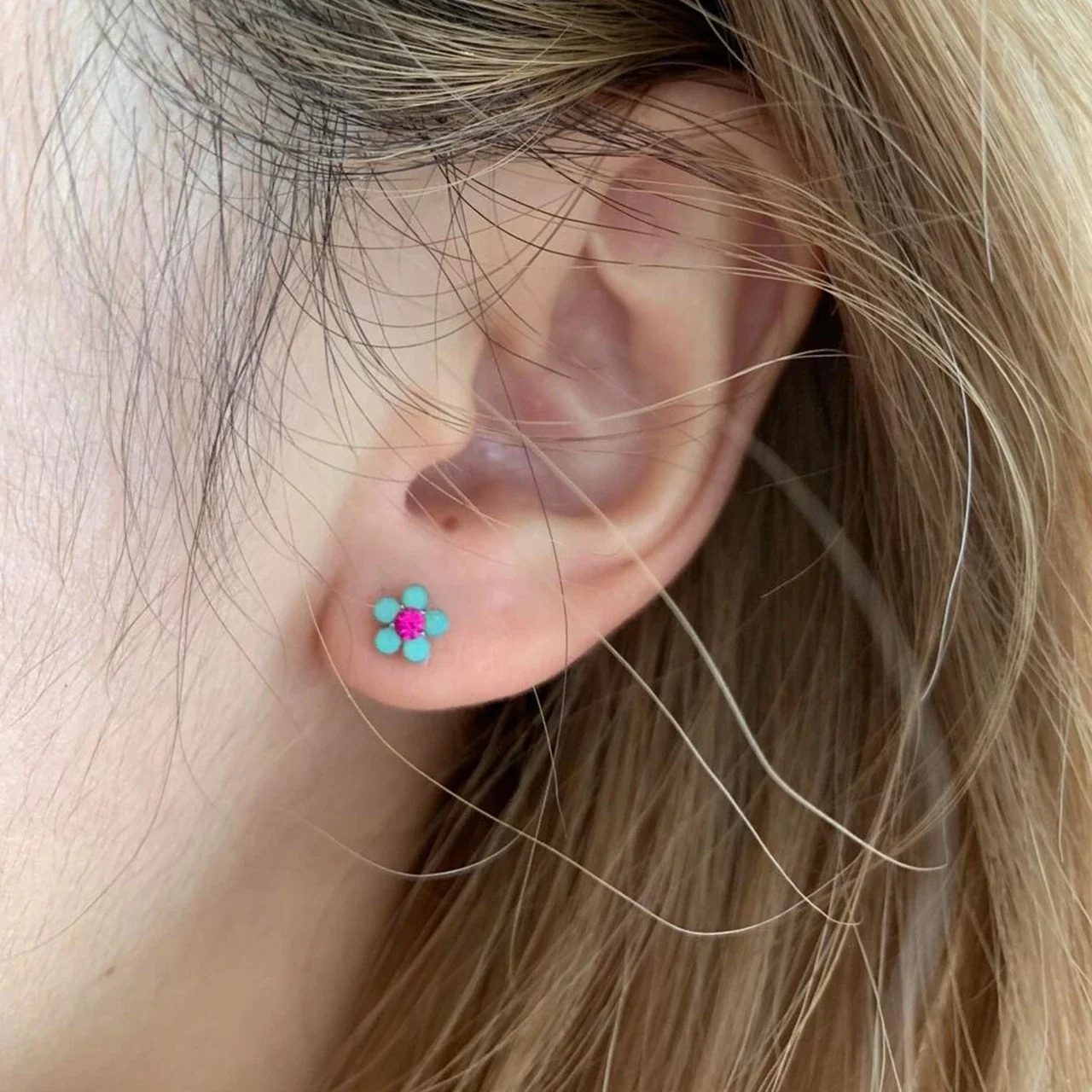 Petite Stone-Pink Flower Silver-Plated Copper Stud Earrings