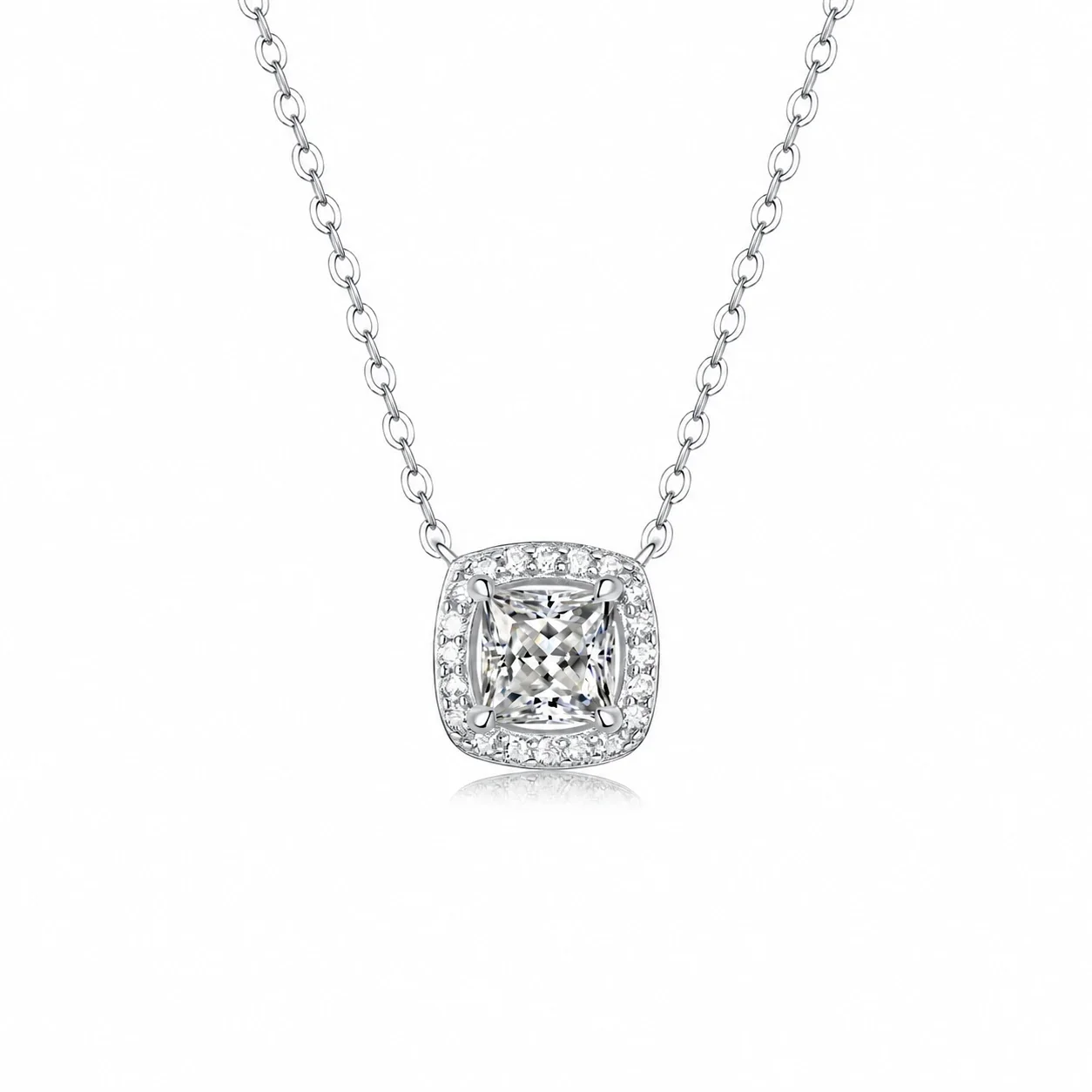 Radiant Cushion Halo 925 Sterling Silver Moissanite Necklace