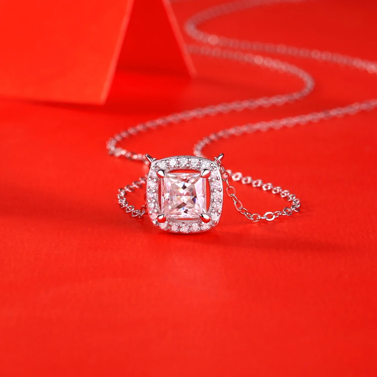 Radiant Cushion Halo 925 Sterling Silver Moissanite Necklace