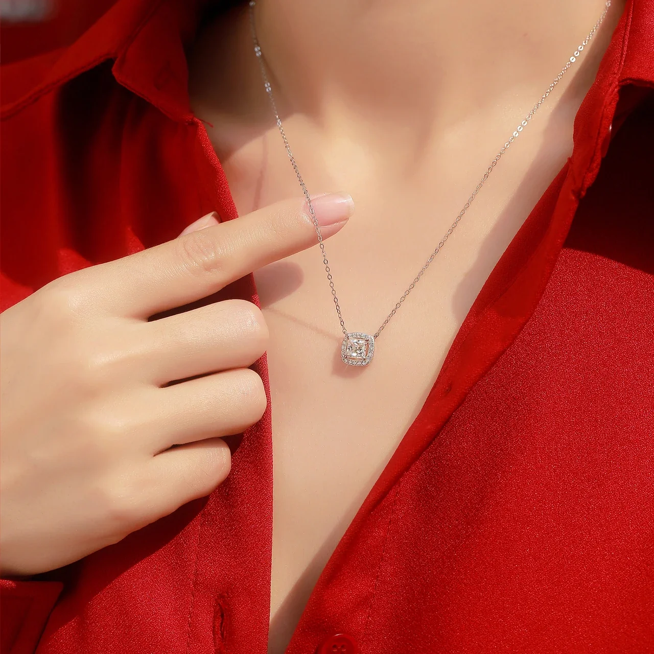 Radiant Cushion Halo 925 Sterling Silver Moissanite Necklace
