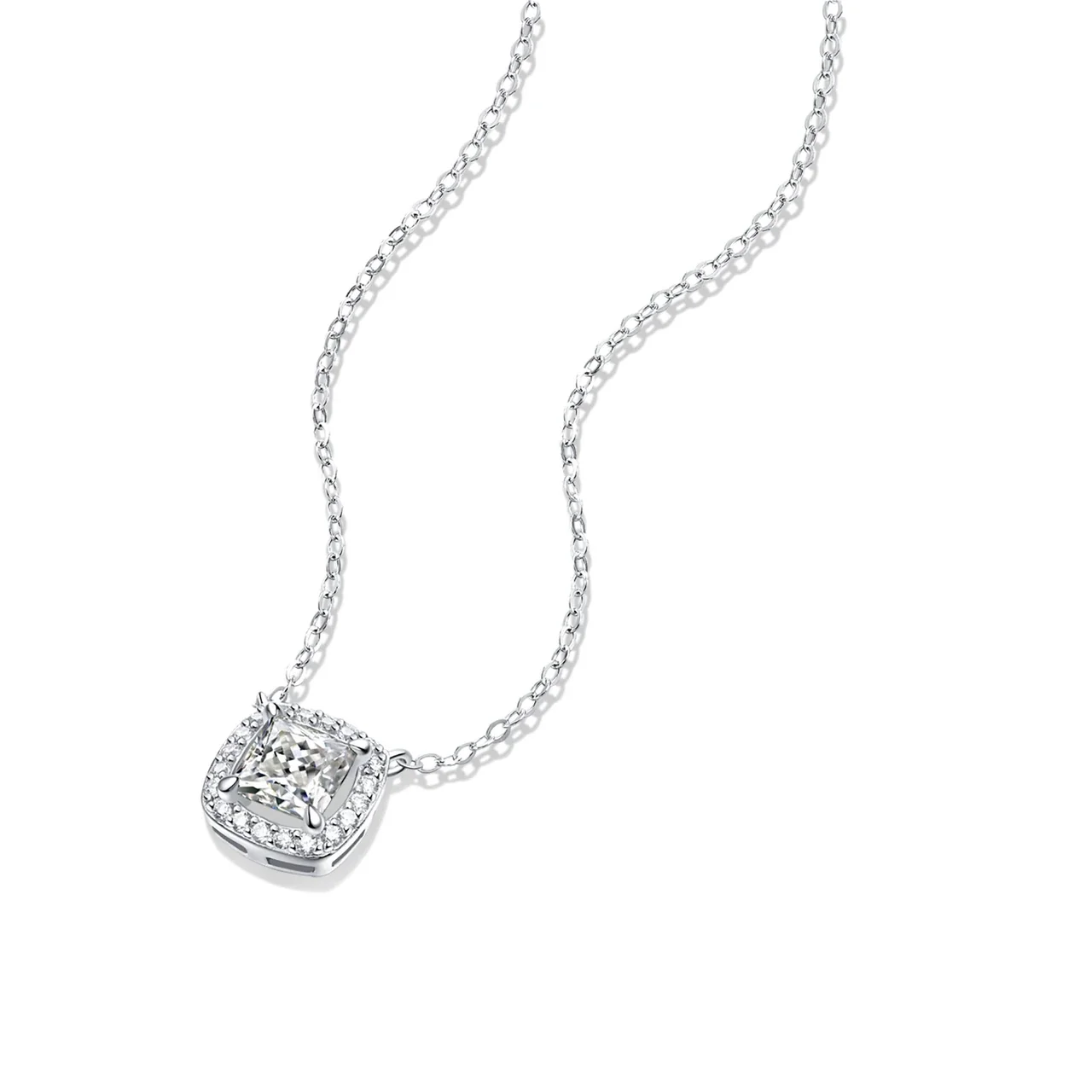Radiant Cushion Halo 925 Sterling Silver Moissanite Necklace