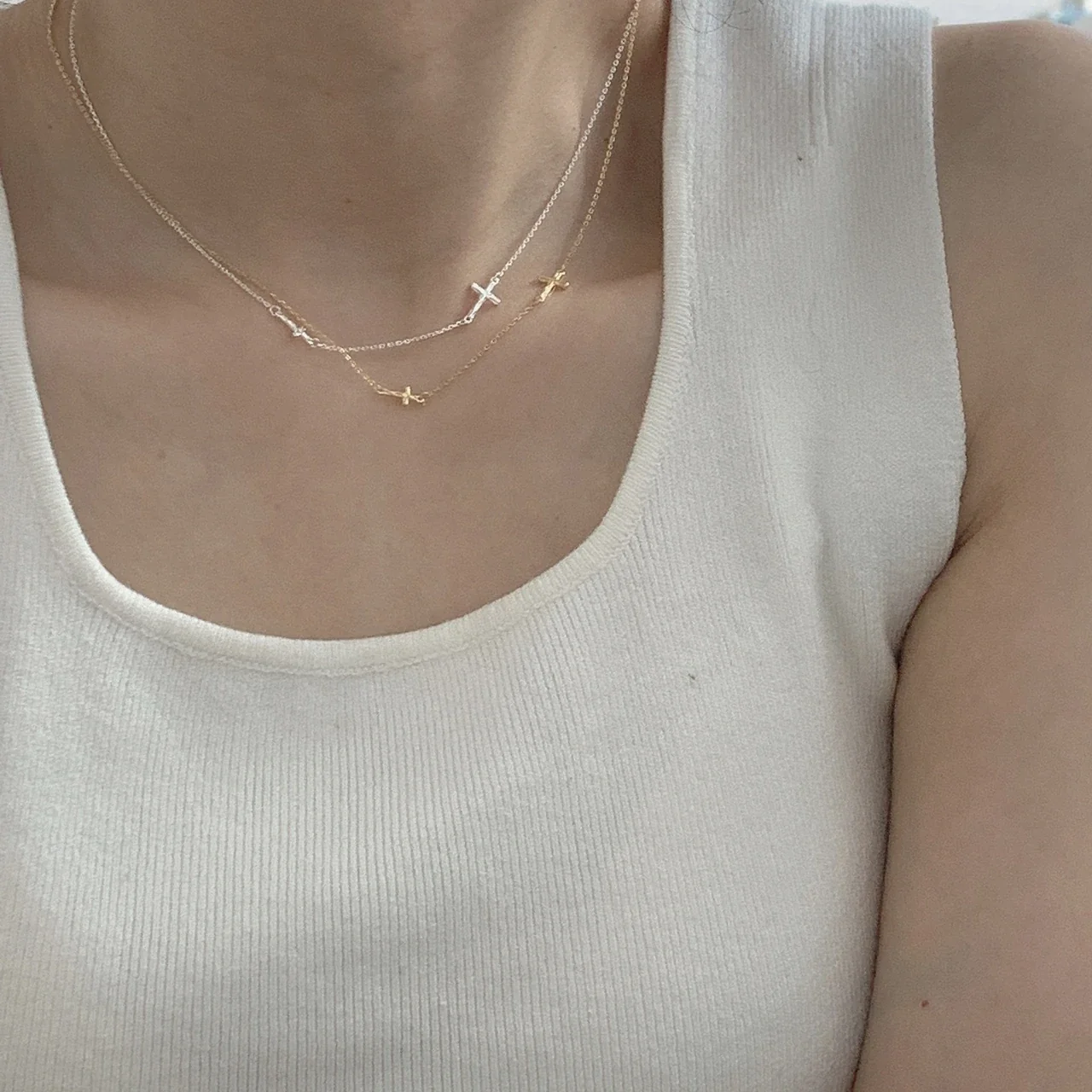Delicate 925 Sterling Silver Triple Cross Chain Necklace