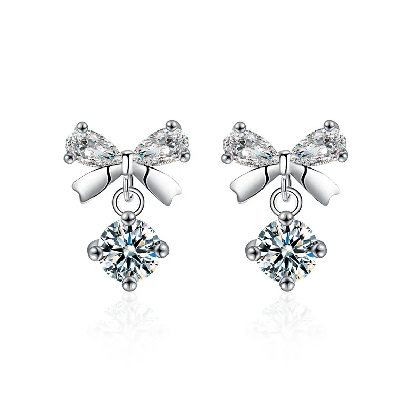 Delicate 925 Sterling Silver Bow Pear-Cut Drop Moissanite Stud Earrings