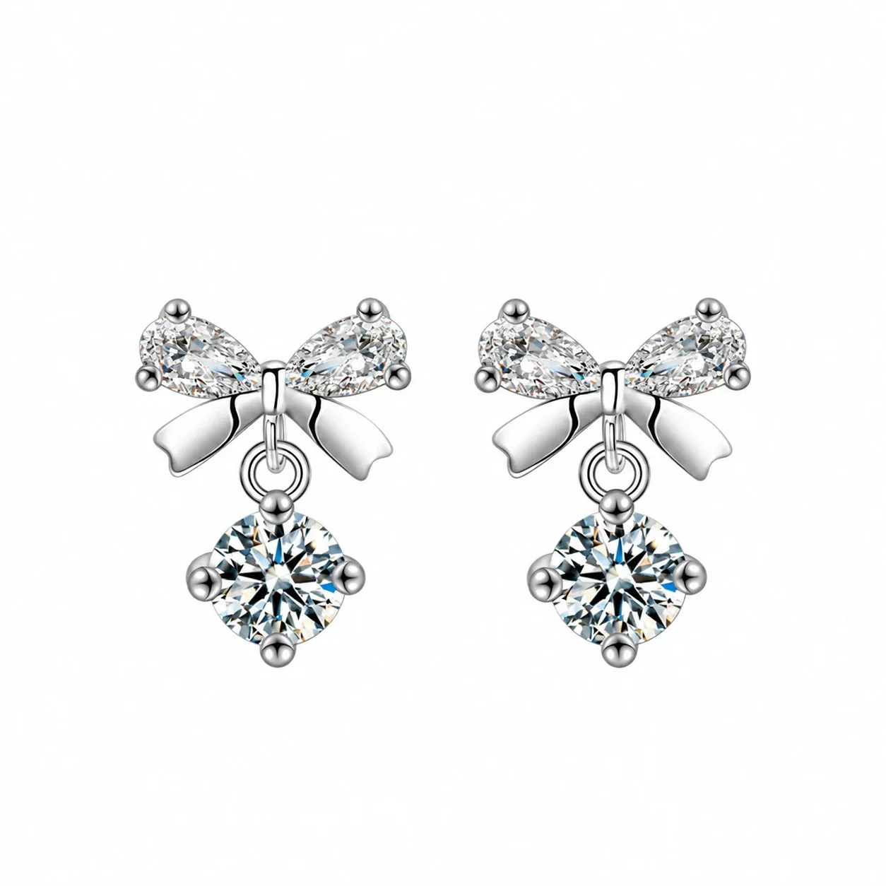 Delicate 925 Sterling Silver Bow Pear-Cut Drop Stud Earrings