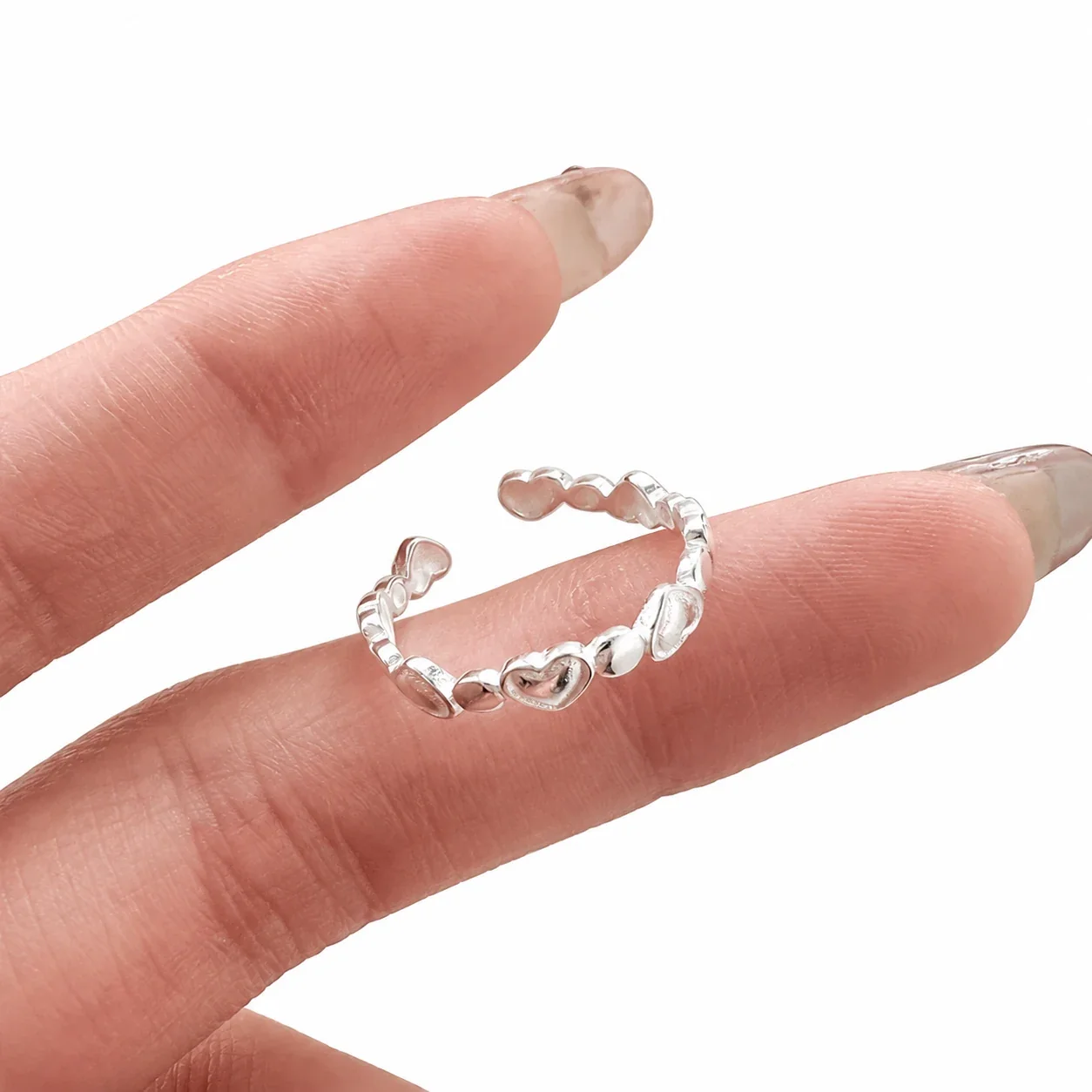 Polished 925 Sterling Silver Alternating Heart Open Ring