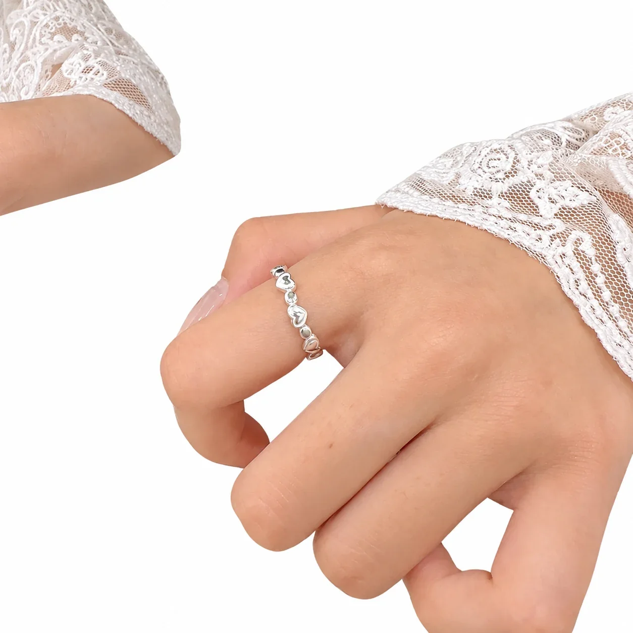 Polished 925 Sterling Silver Alternating Heart Open Ring