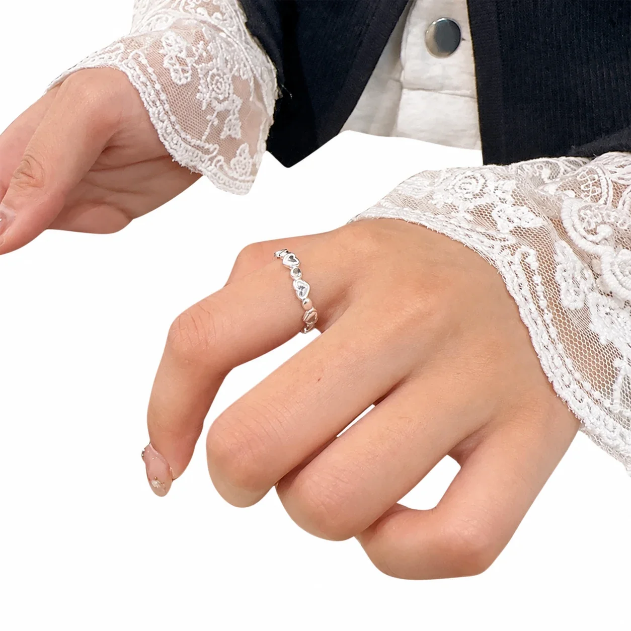 Polished 925 Sterling Silver Alternating Heart Open Ring