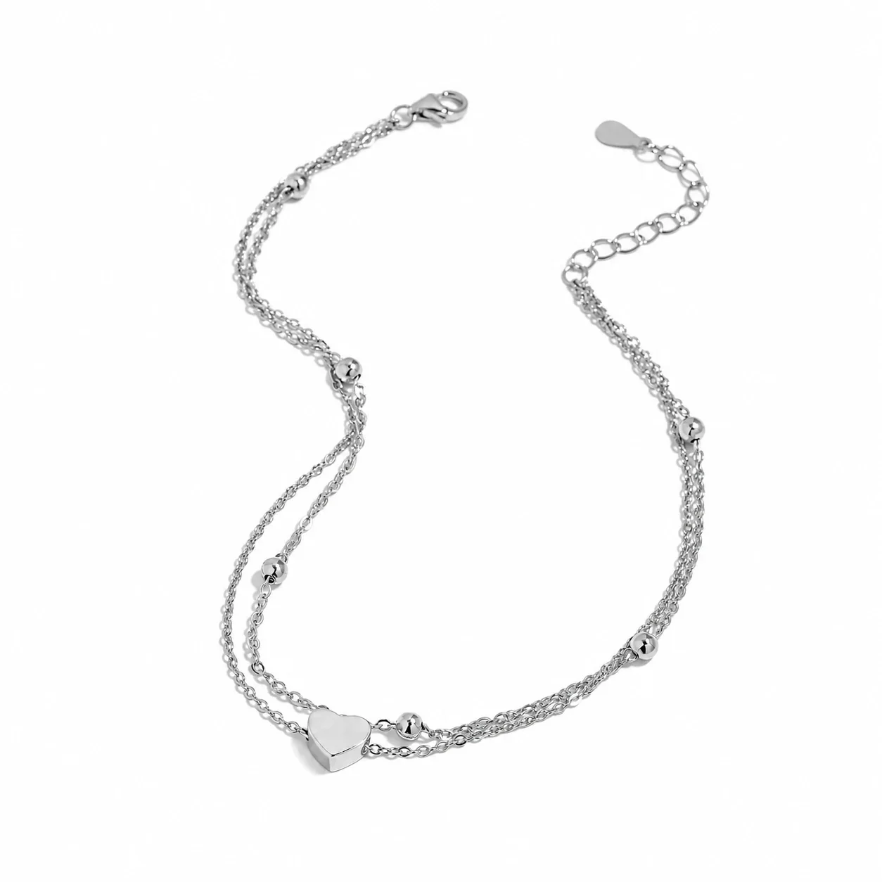Polished 925 sterling silver Double-Chain Heart Bead Anklet