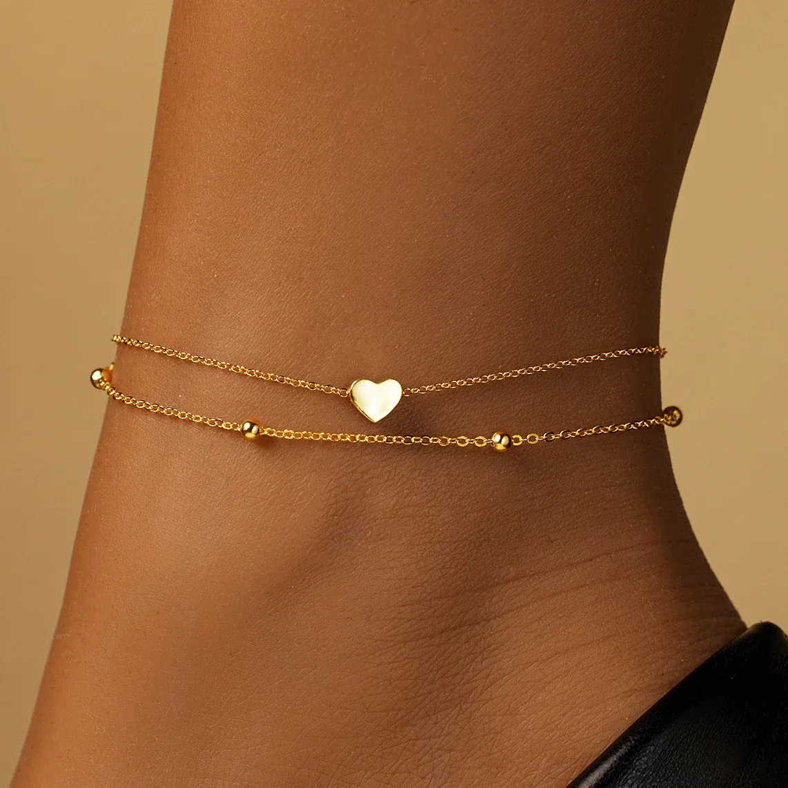Polished 925 sterling silver Double-Chain Heart Bead Anklet