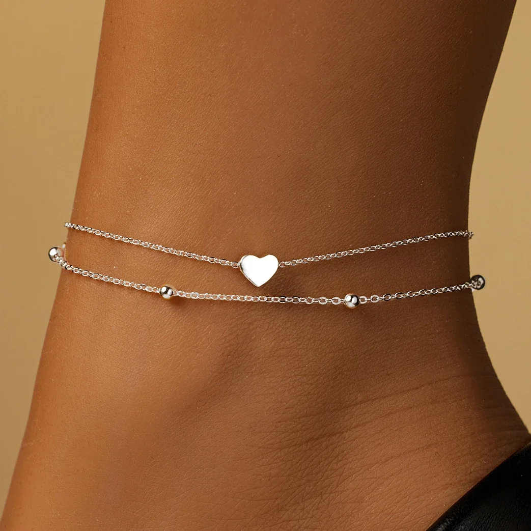 Polished 925 sterling silver Double-Chain Heart Bead Anklet