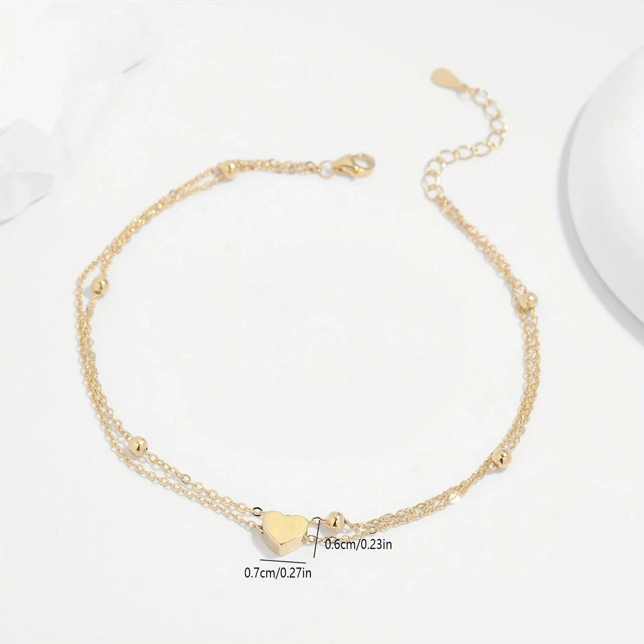 Polished 925 sterling silver Double-Chain Heart Bead Anklet