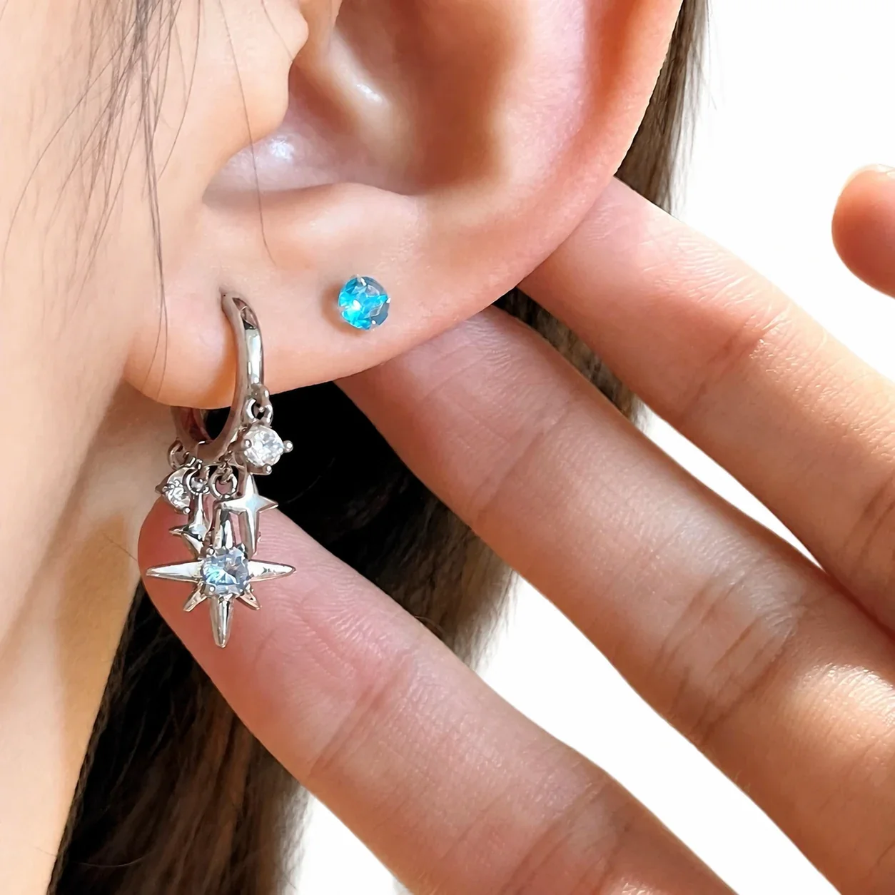 Celestial Silver-Plated Star Charm Copper Hoop Earrings
