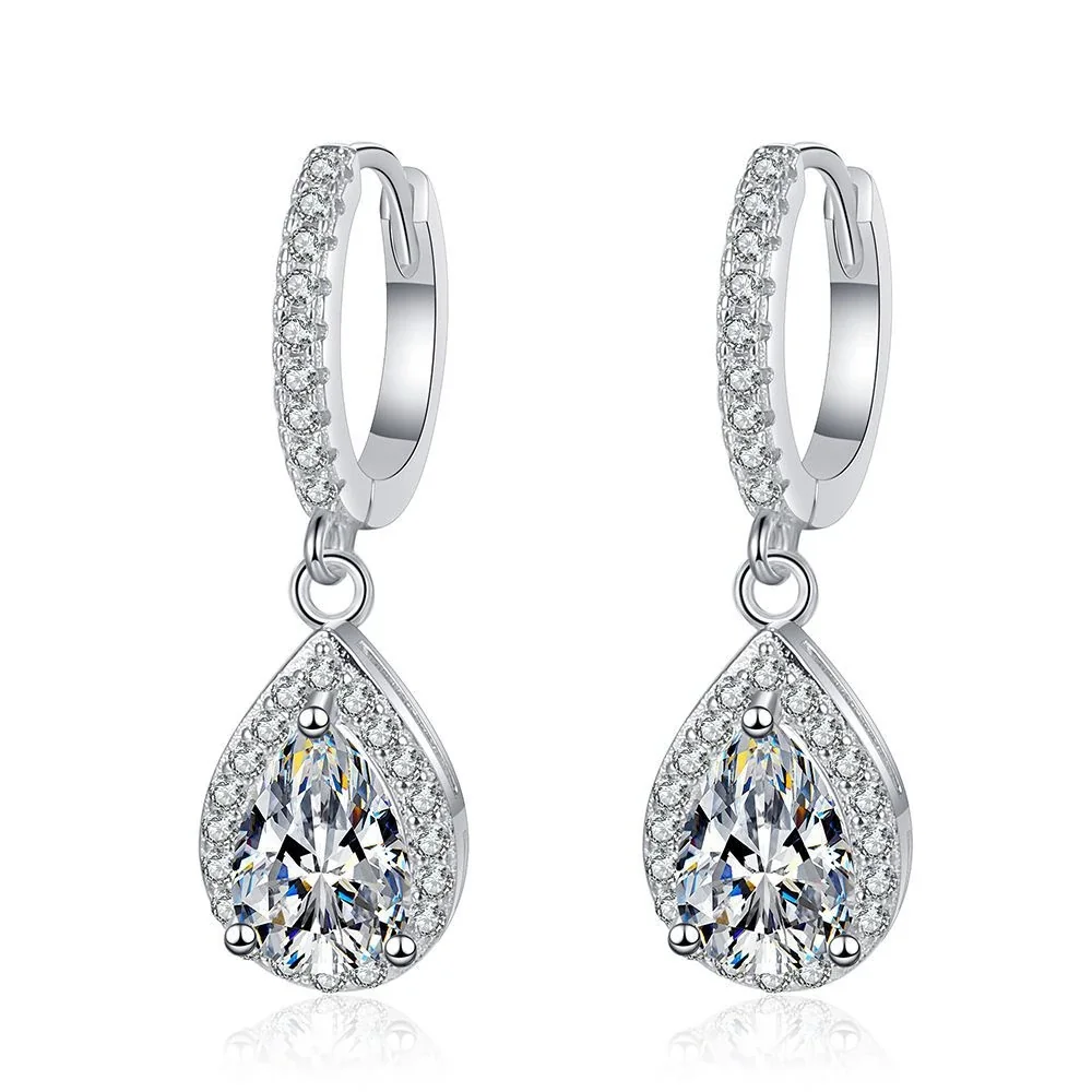 Refined Silver-Plated Pear Moissanite Huggie Drop Earrings
