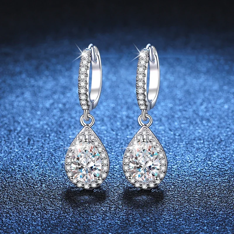 Refined Silver-Plated Pear Moissanite Huggie Drop Earrings
