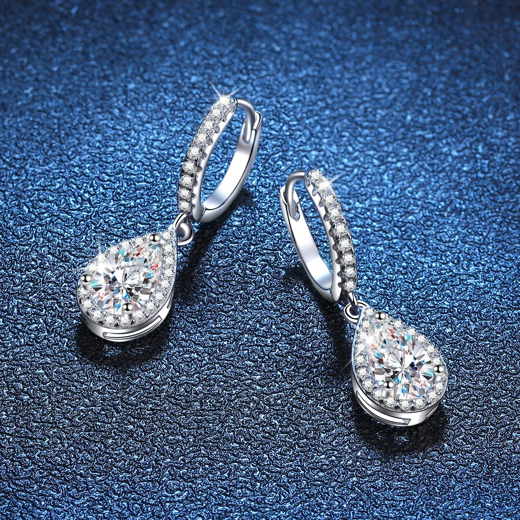 Refined Silver-Plated Pear Moissanite Huggie Drop Earrings