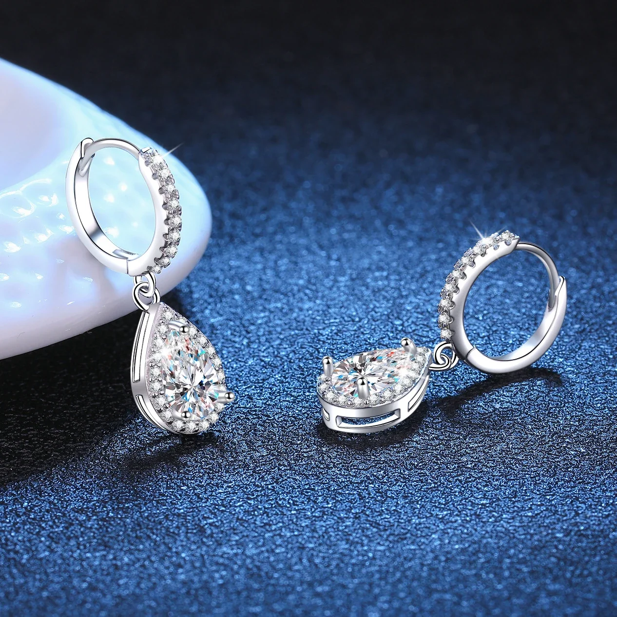 Refined Silver-Plated Pear Moissanite Huggie Drop Earrings