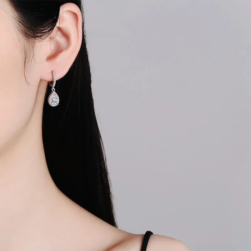 Refined Silver-Plated Pear Moissanite Huggie Drop Earrings