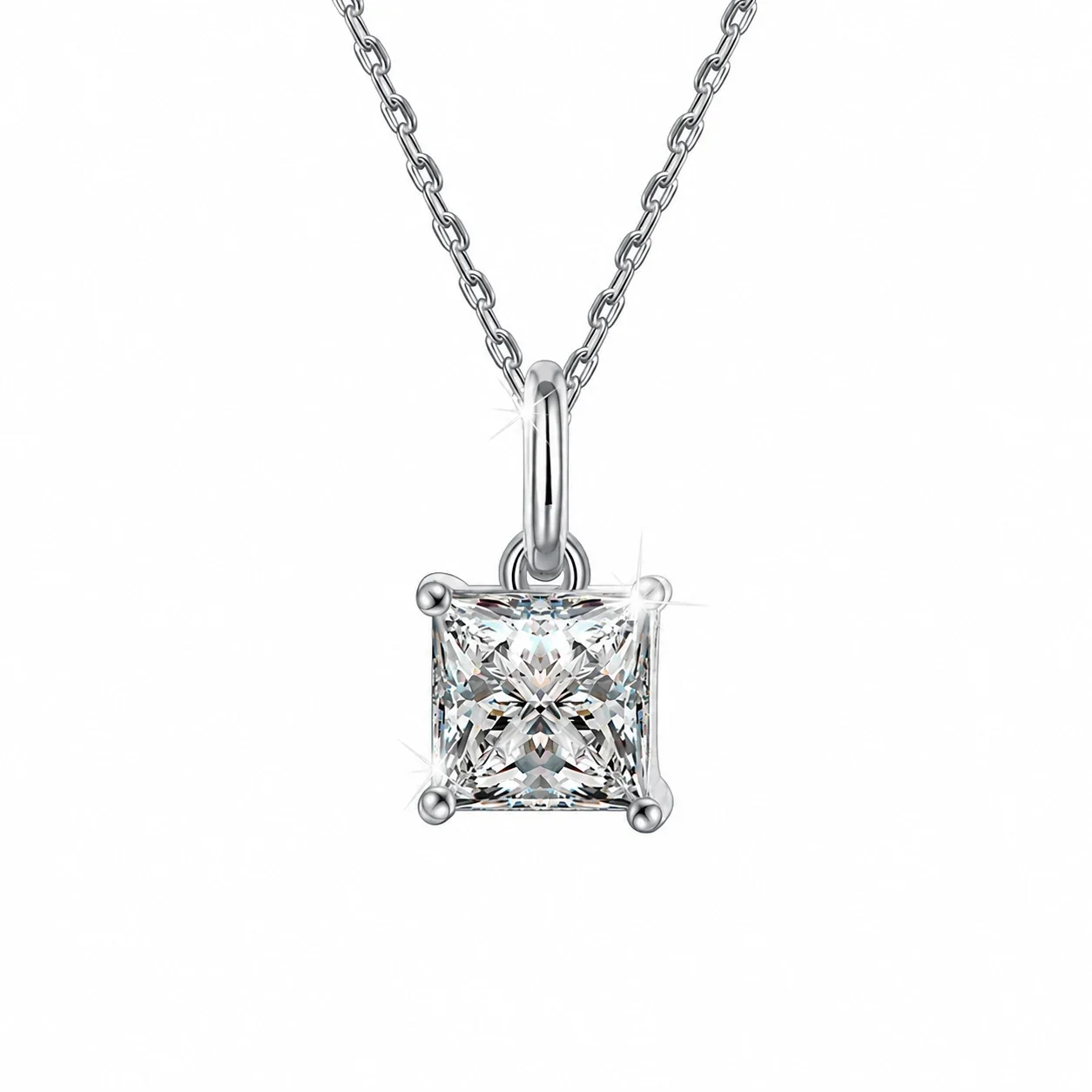 Radiant 925 Sterling Silver Princess-Cut Four-Prong Necklace
