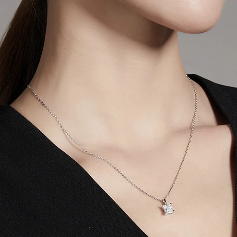 Radiant 925 Sterling Silver Princess-Cut Four-Prong Necklace