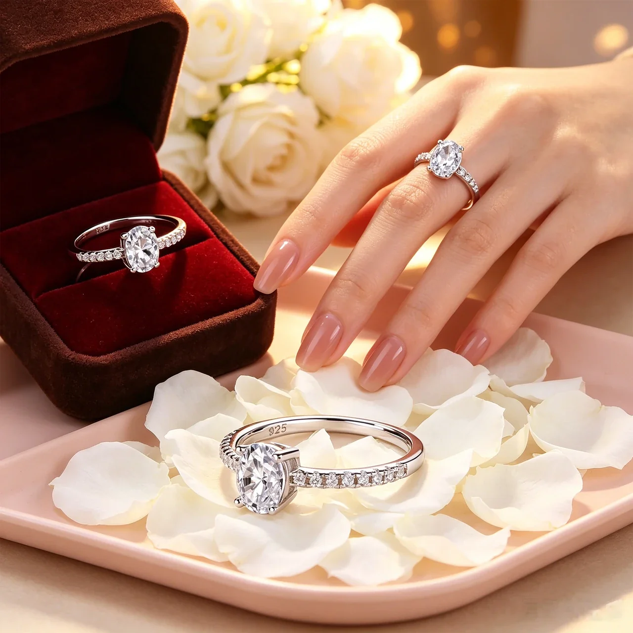 Radiant 925 Sterling Silver Oval Pavé Moissanite Ring