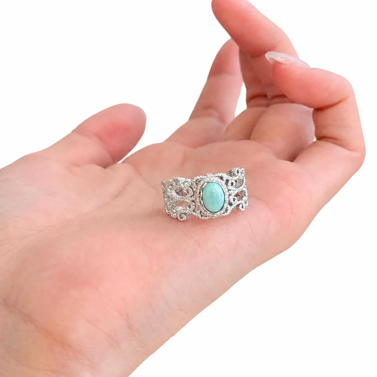Ornate Silver-Plated Copper Lace Filigree Oval Cabochon Ring