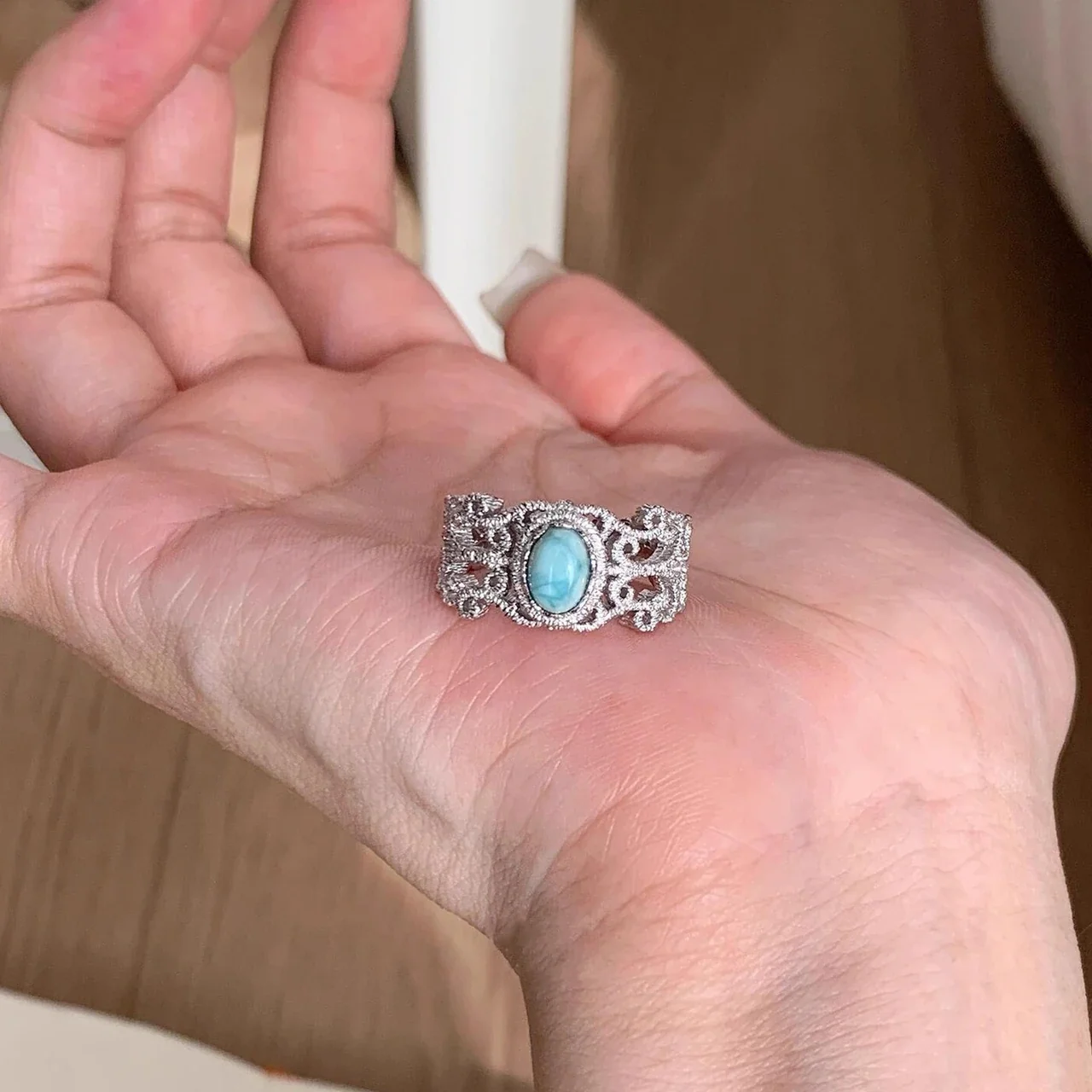 Ornate Silver-Plated Copper Lace Filigree Oval Cabochon Ring