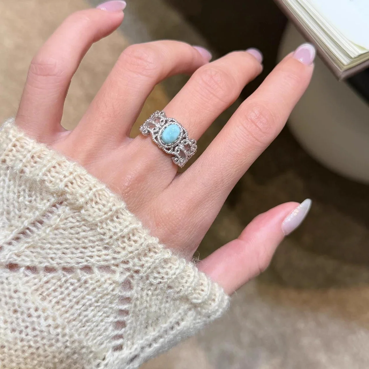 Ornate Silver-Plated Copper Lace Filigree Oval Cabochon Ring