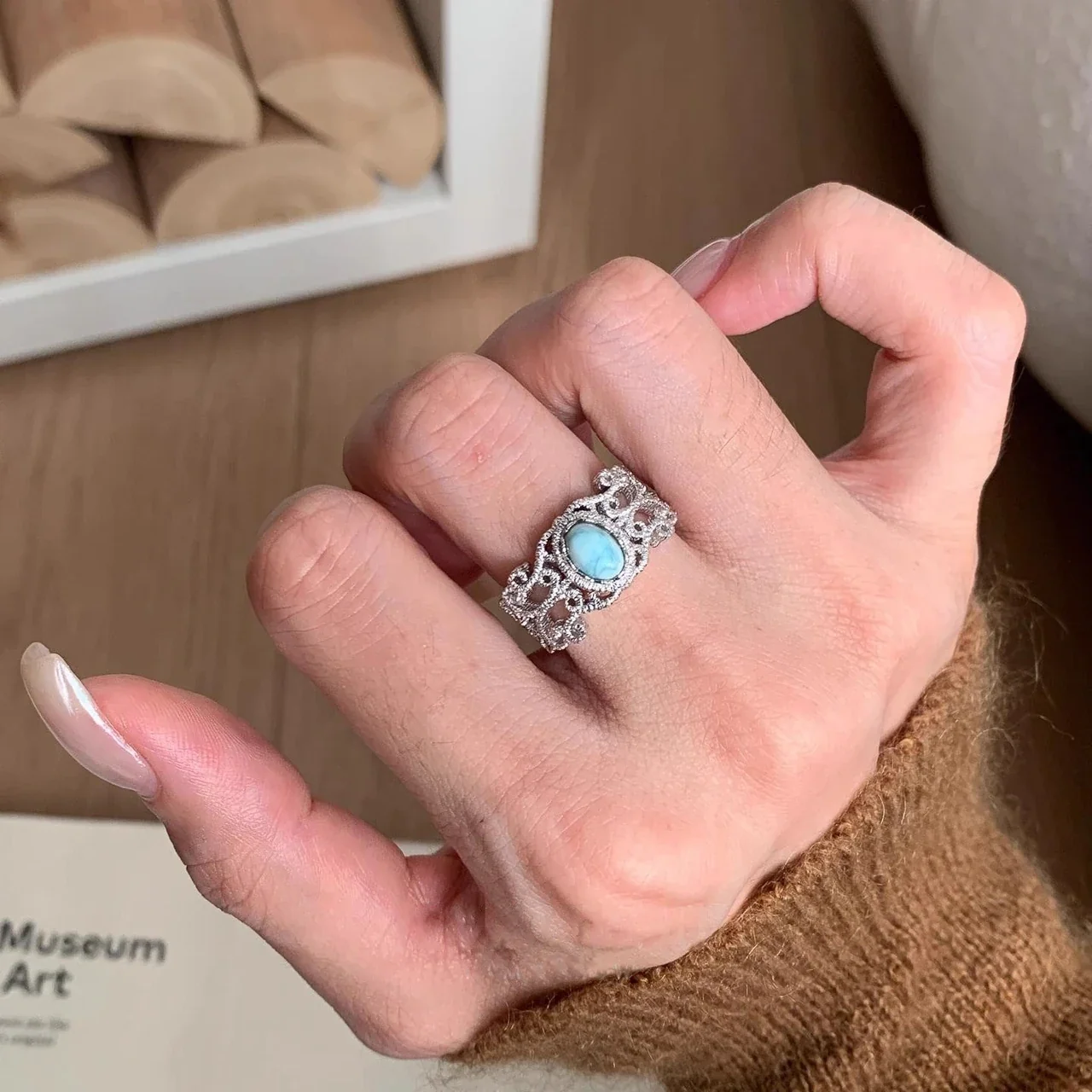 Ornate Silver-Plated Copper Lace Filigree Oval Cabochon Ring
