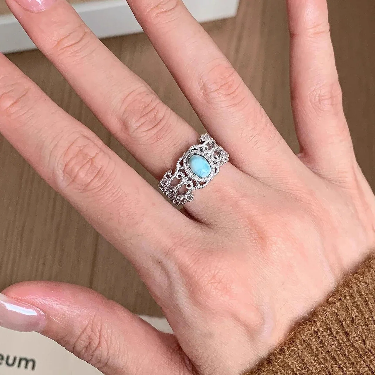 Ornate Silver-Plated Copper Lace Filigree Oval Cabochon Ring