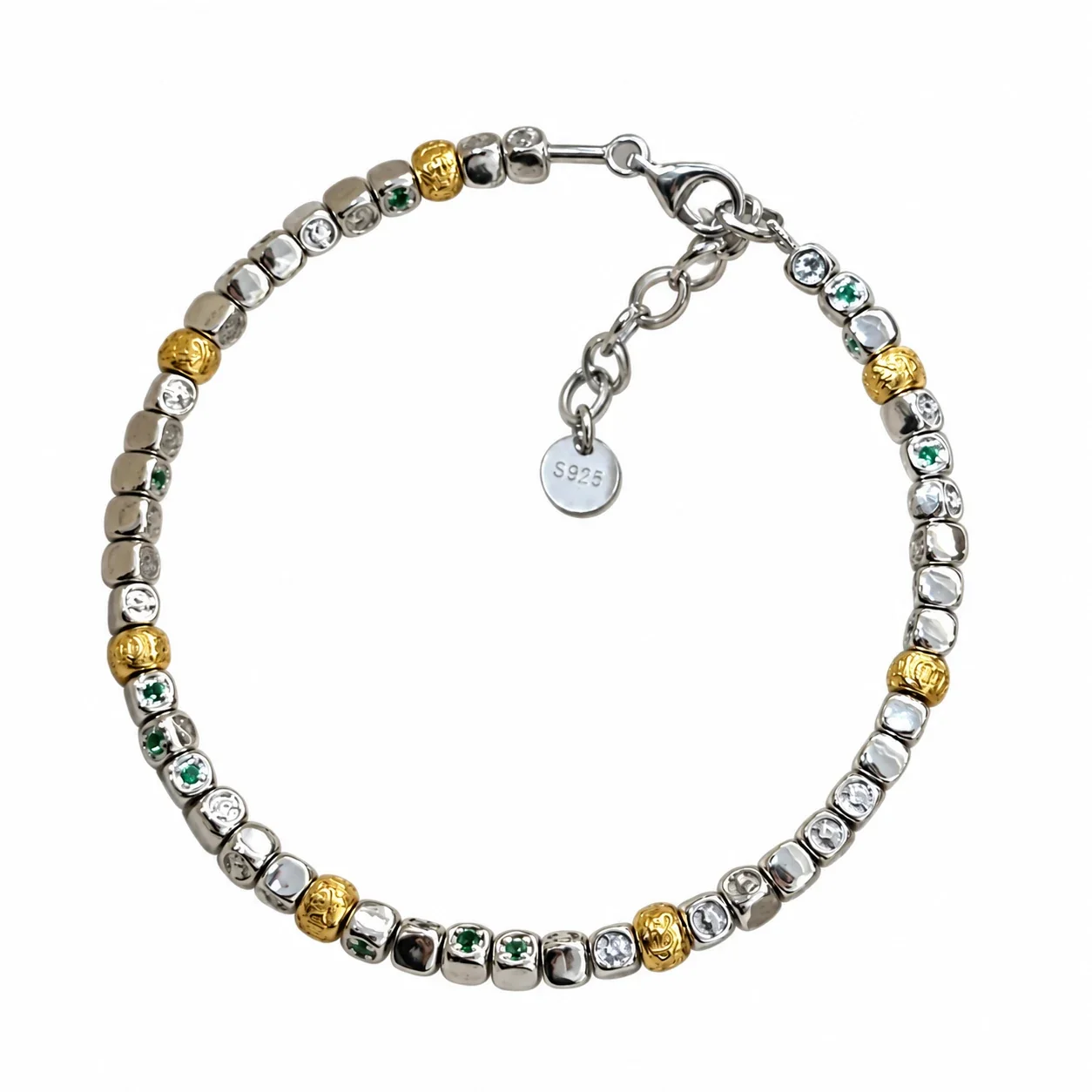 Textured Two-Tone Beaded 925 Sterling Silver Bracelet