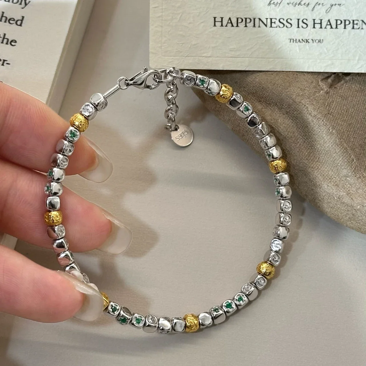 Textured Two-Tone Beaded 925 Sterling Silver Bracelet