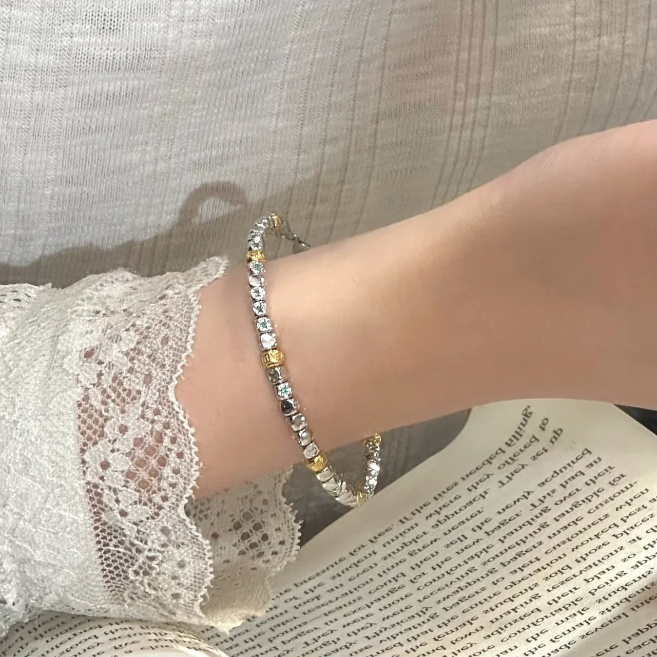 Textured Two-Tone Beaded 925 Sterling Silver Bracelet