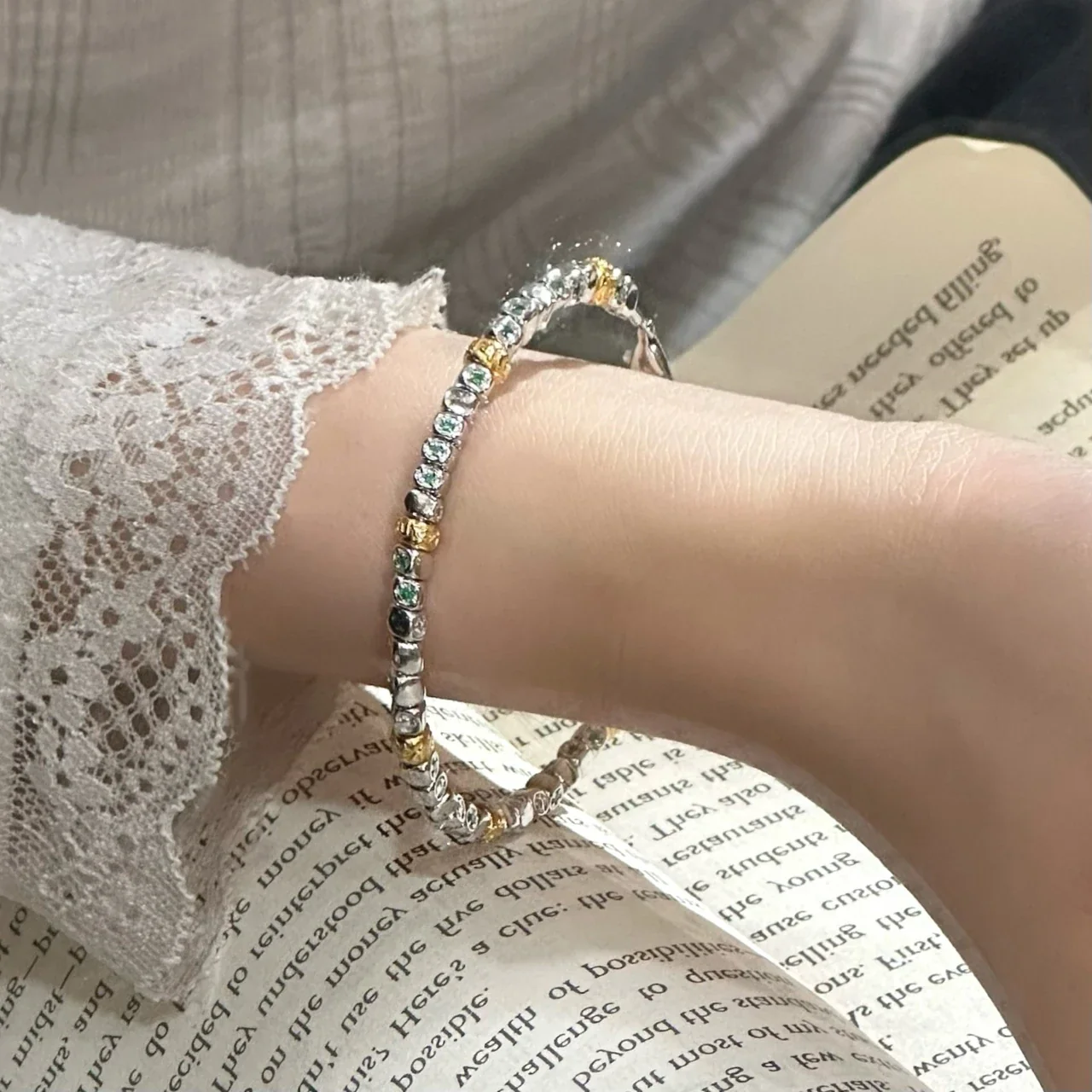Textured Two-Tone Beaded 925 Sterling Silver Bracelet