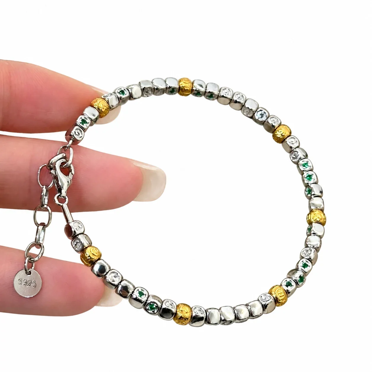 Textured Two-Tone Beaded 925 Sterling Silver Bracelet