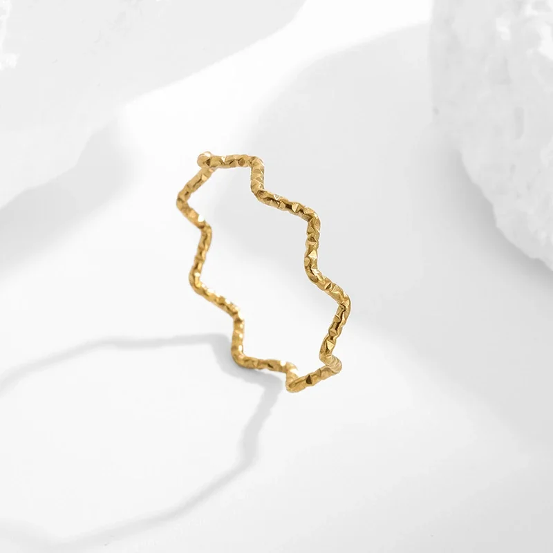 Hammered Stainless Steel Undulating Slim Band Ring - Gold